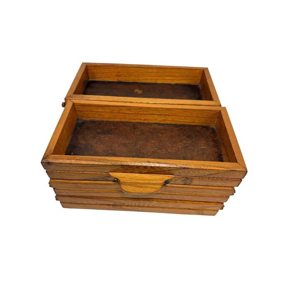 Vintage Wooden Accordion Sewing Box Cantilever Multi Tier Jewelry Organizer 9in